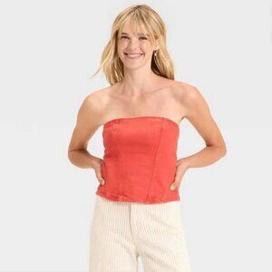 Red Women's Tube Top Shirt Blouse Denim Jean Strapless Zipper Back Shirt